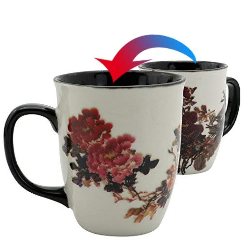 Asmwo Heat Changing Magic Porcelain Coffee Mug for Mom Gifts Funny Tea Mug 16 oz Black Change into Multi Color Peony Painting - Image 1